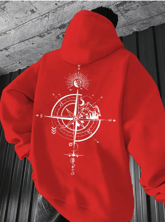 Mountain and Compass Motif Hooded Sweatshirt