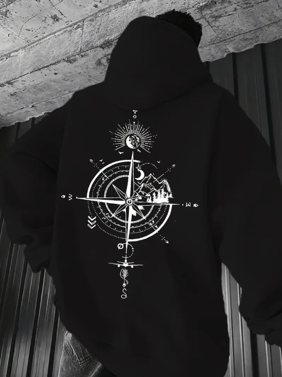 Mountain and Compass Motif Hooded Sweatshirt