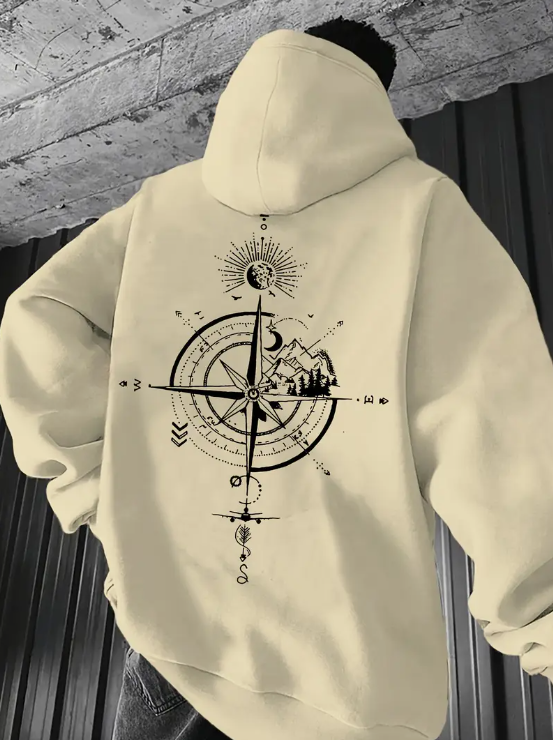 Mountain and Compass Motif Hooded Sweatshirt