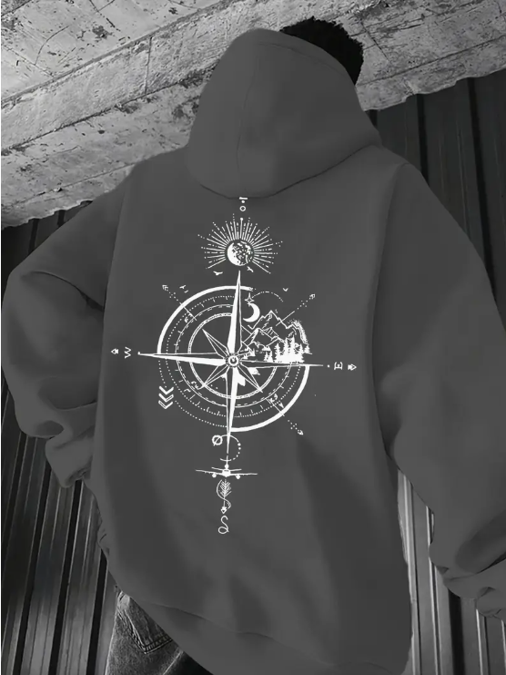 Mountain and Compass Motif Hooded Sweatshirt