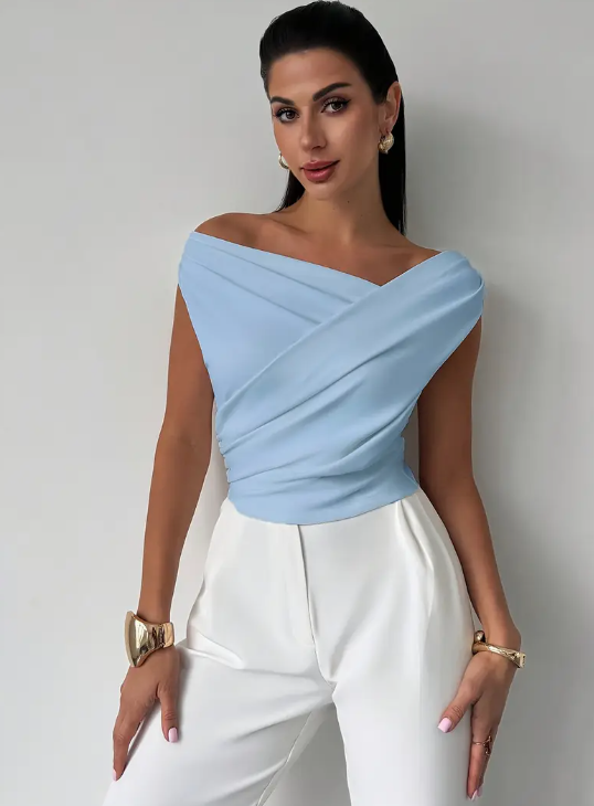 Elegant Cross Detailed One Shoulder T-Neck Women's Blouse
