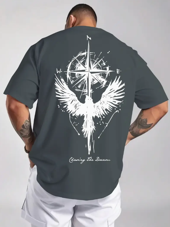 Kartal Ve Pusula Baskılı T-Shirt