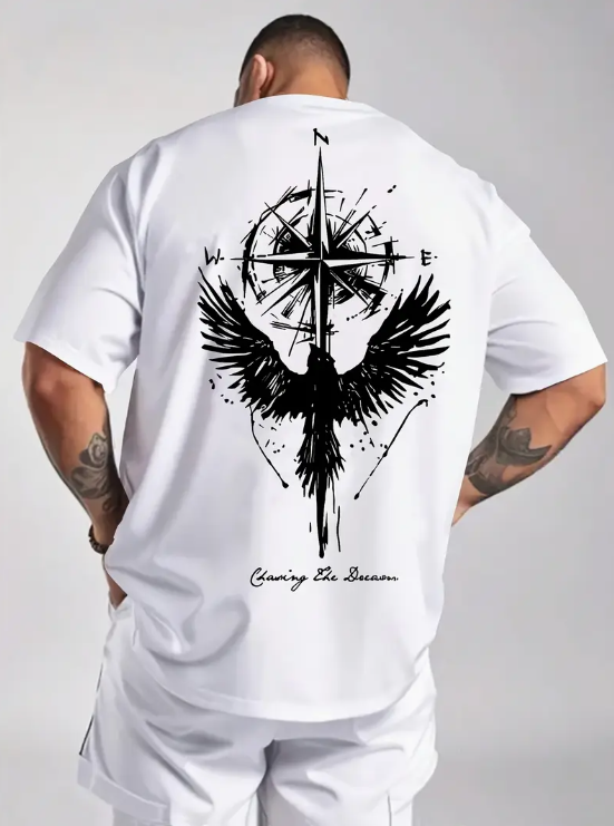 Kartal Ve Pusula Baskılı T-Shirt