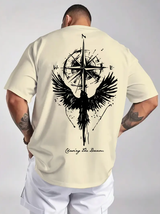 Kartal Ve Pusula Baskılı T-Shirt