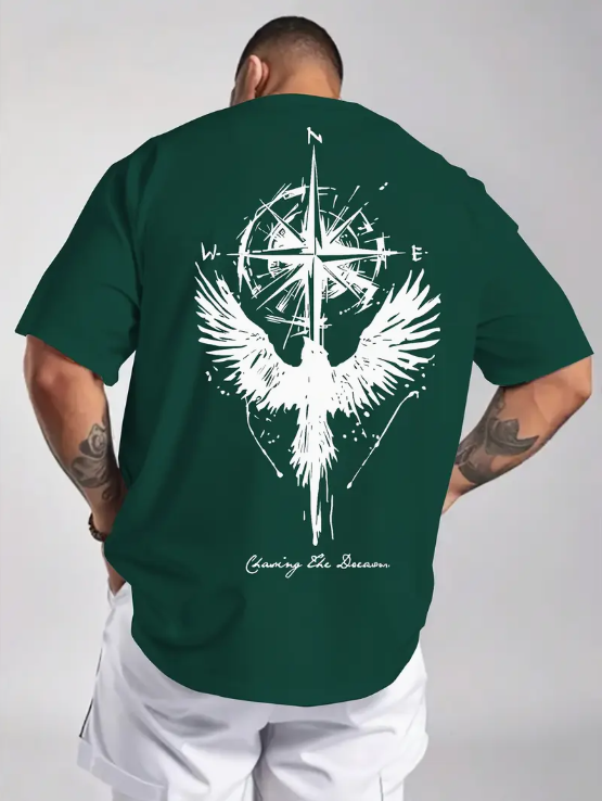 Kartal Ve Pusula Baskılı T-Shirt