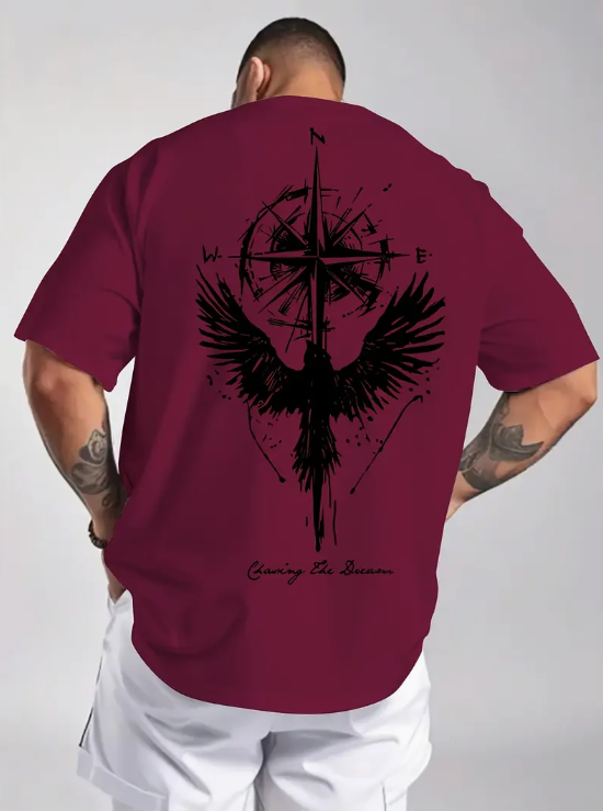 Kartal Ve Pusula Baskılı T-Shirt