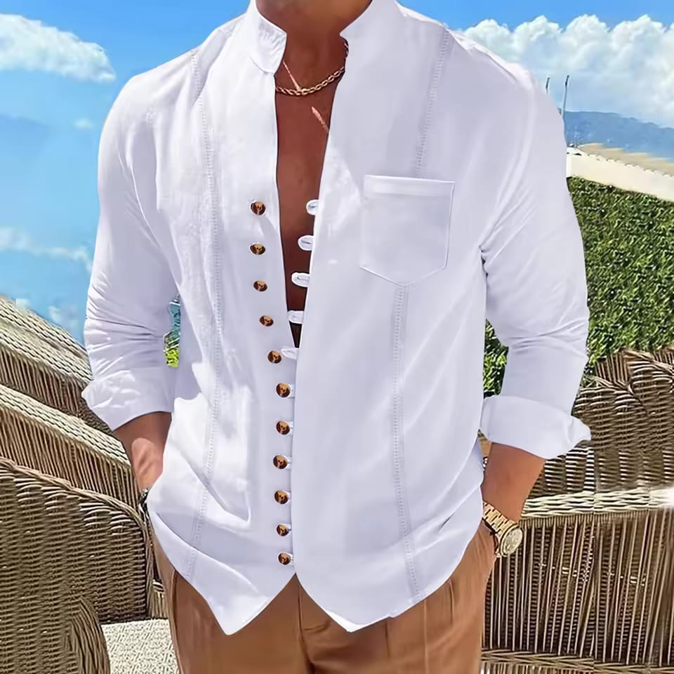 Cotton and Linen Retro Stand Collar Long Sleeve Shirt with Pockets