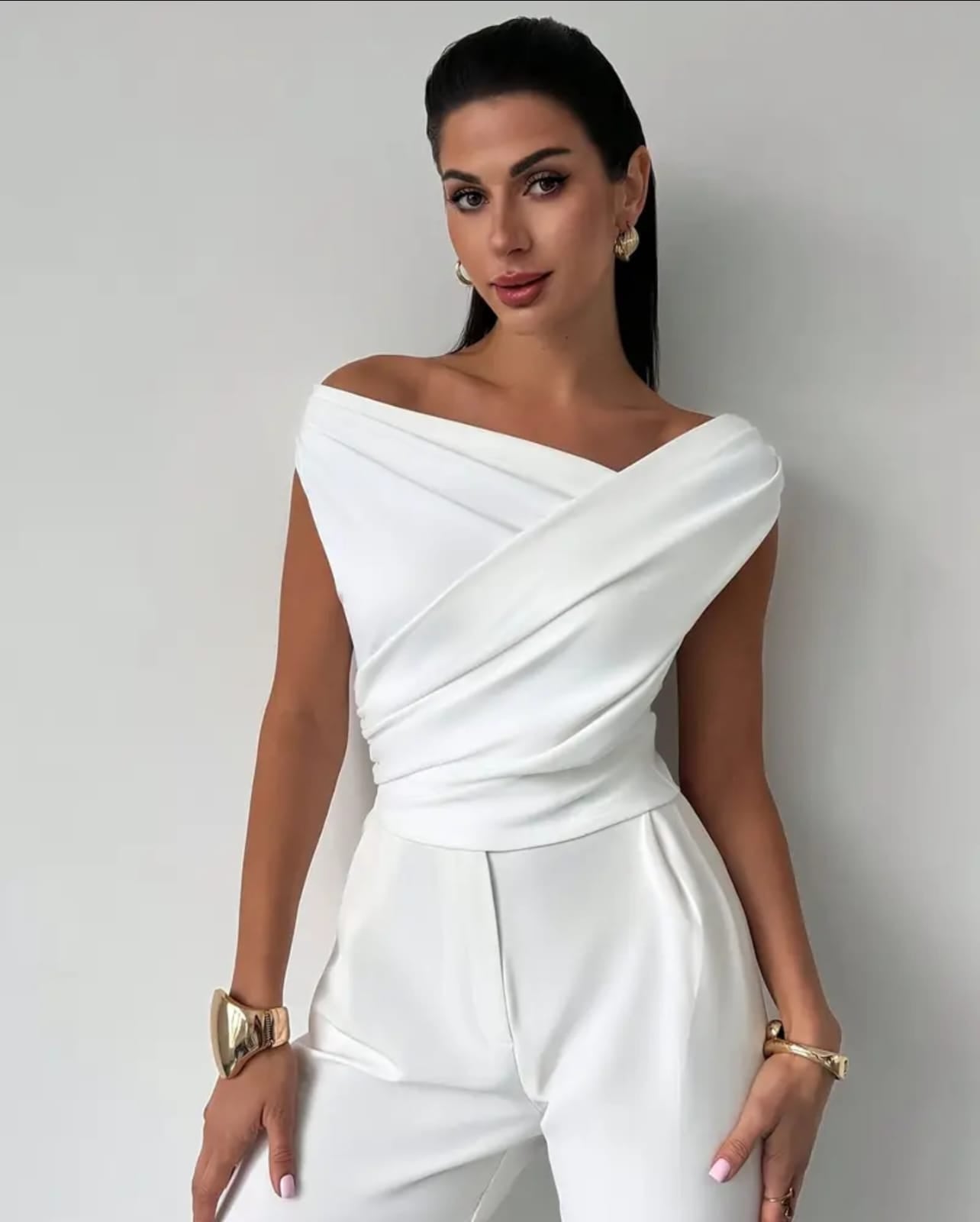 Elegant Cross Detailed One Shoulder T-Neck Women's Blouse